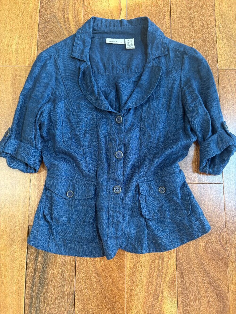 DKNY Jeans blue linen utility jacket with cargo pockets and front button closure